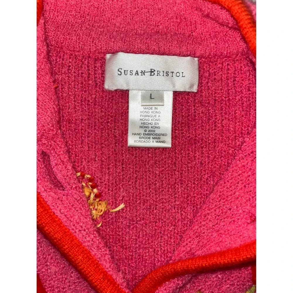 Susan Bristol Vintage Pink Hand Embroidered Floral Cardigan Sweater Large Womens - Picture 2 of 5